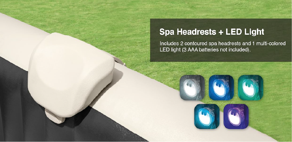All accessories of the Intex 6-Person PureSpa laid out: insulated cover, headrests, filter cartridges, and LED light.