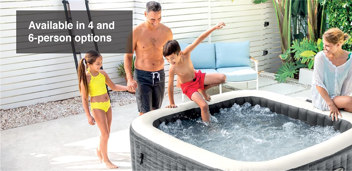 A family of four relaxing in the Intex PureSpa hot tub, surrounded by 170 soothing bubble jets.