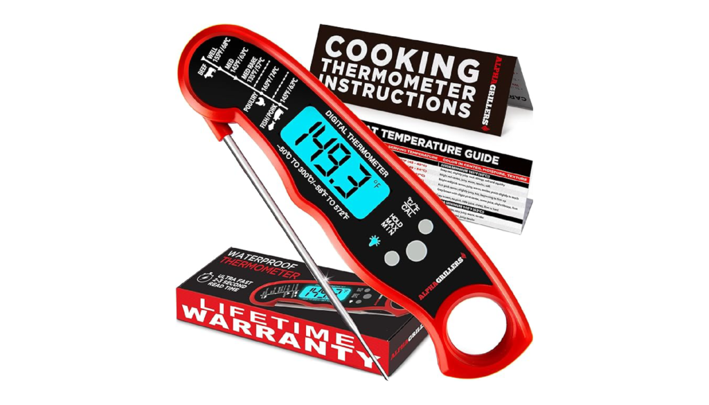 Instant read thermometer checking the internal temperature of grilled chicken