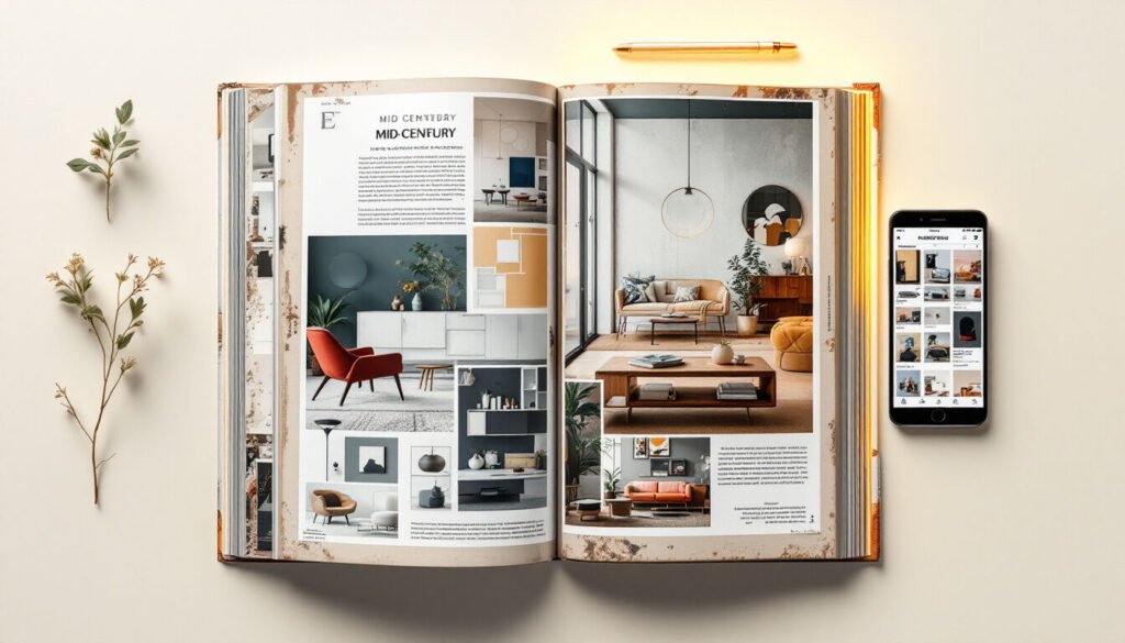 Interior design magazines stacked on a wooden table next to a stylish coffee mug.